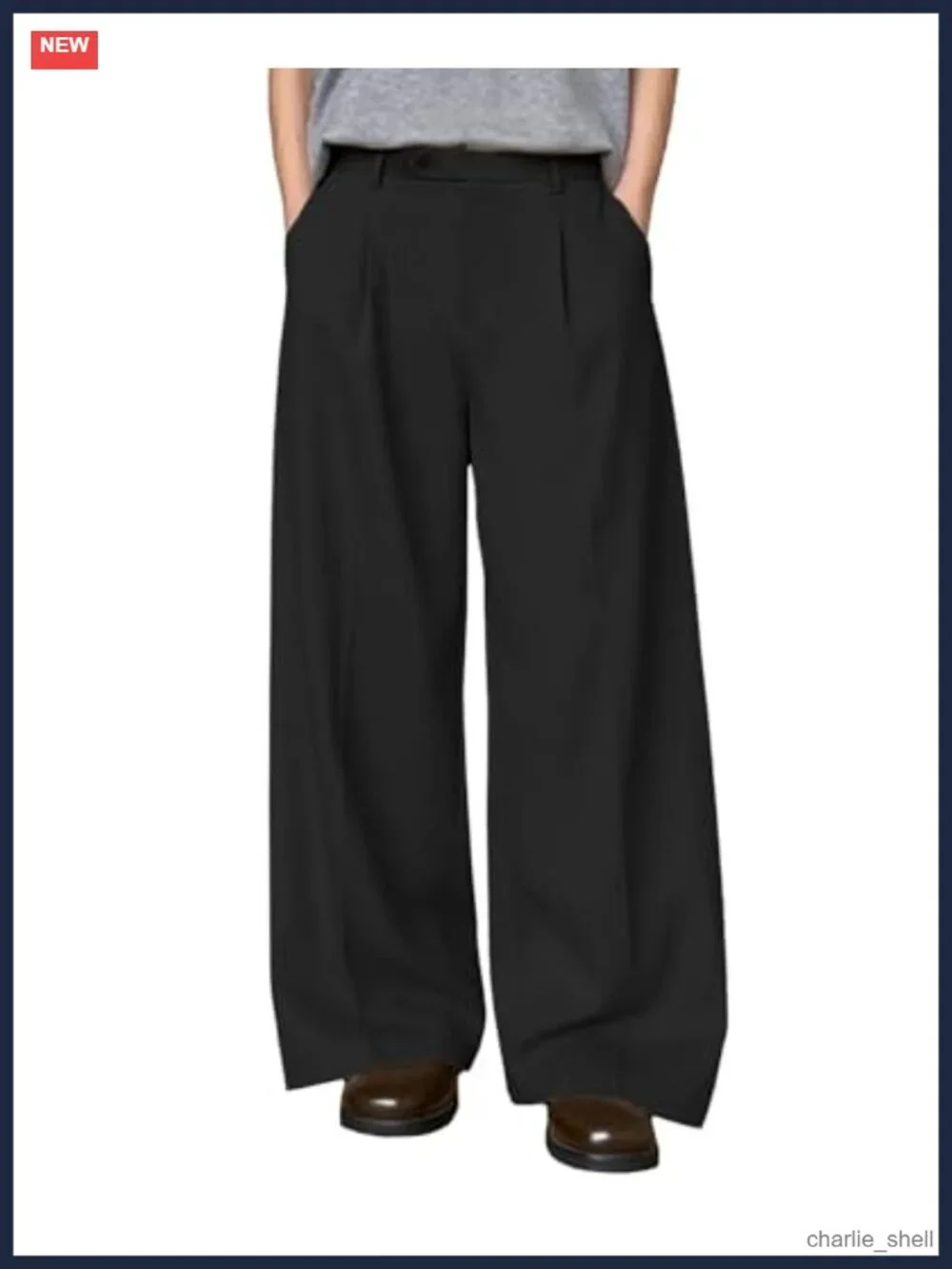 Men's Wide Leg Pleated Pants Elastic Waist Casual Dress Trousers